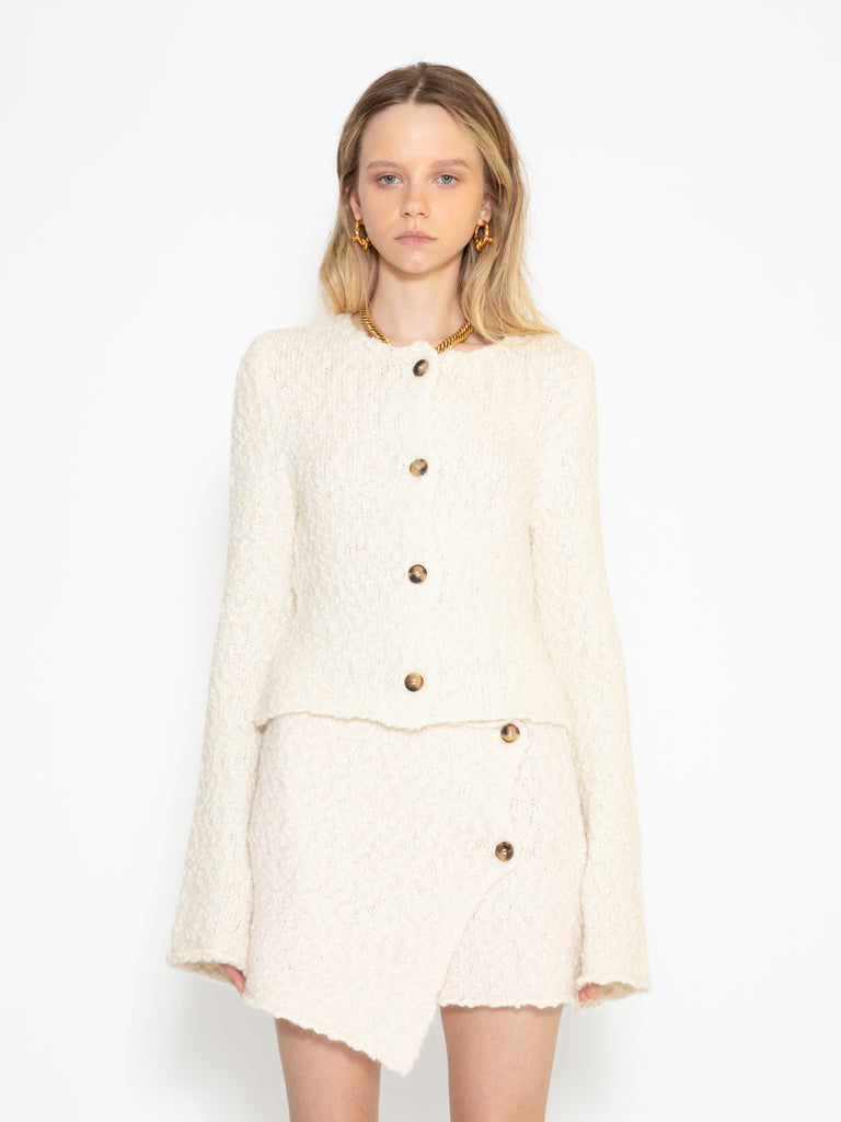 Louise alpaca wool cardigan from front side paired with Thelma alpaca wool skirt