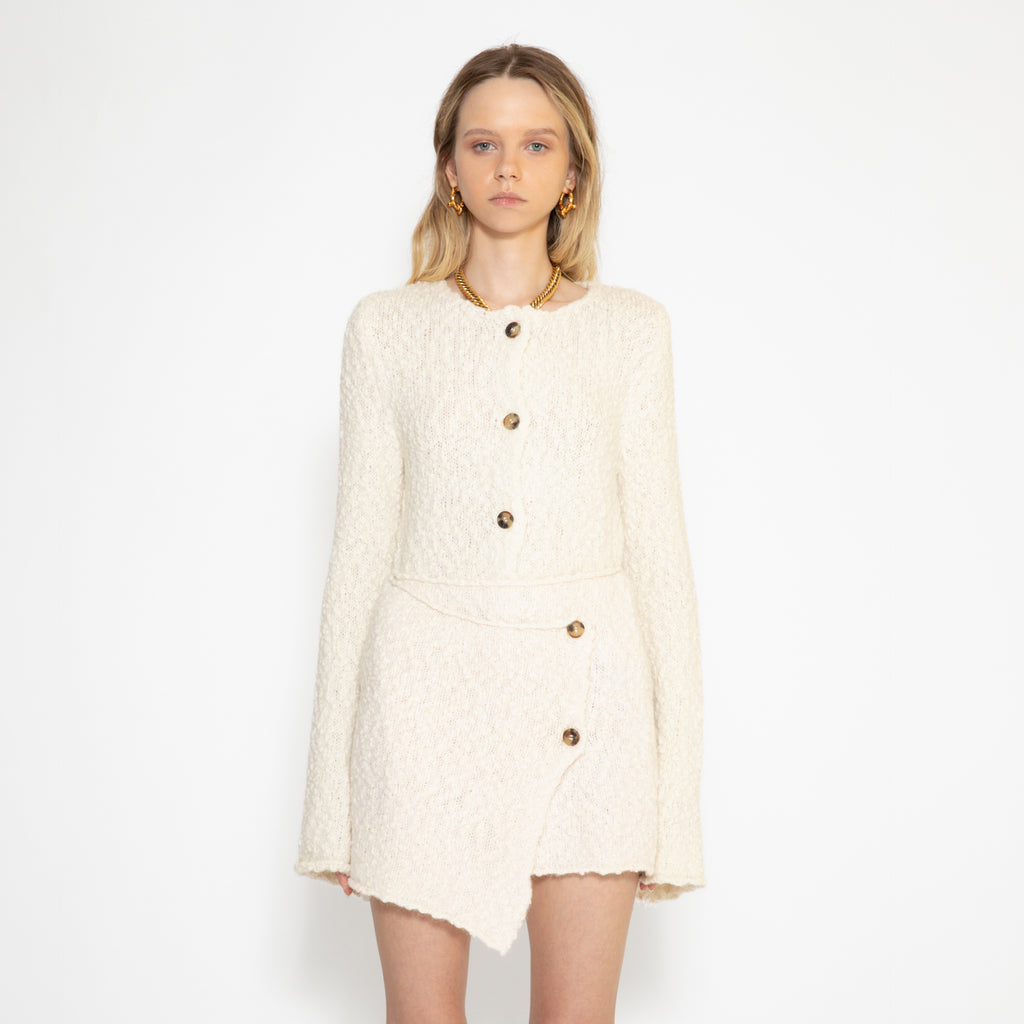 Thelma alpaca wool miniskirt from front side paired with Louise alpaca wool cardigan