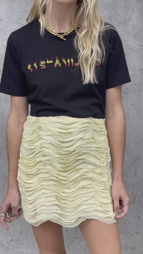 Video of the Cher cotton jersey T-shirt styled with the Giglio mini skirt for a glam rock outfit from a cool clothing brand