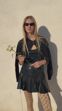 Sonny black cashmere cardigan styled with the Alanna black sequin dress for a glam rock luxury outfit