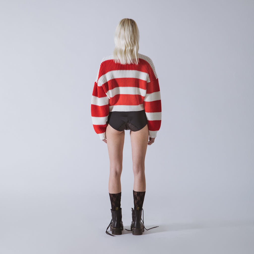 Short cardigan in knit with neogrunge stripes enhanced with jewel buttons