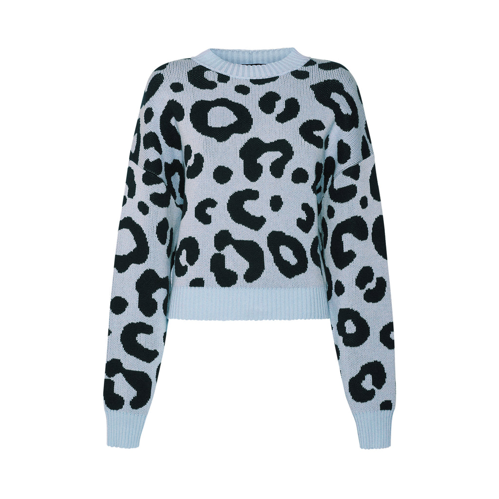 Sveta Milano  light blue and black wool sweater Denver. Chunky sweater. Chunky knit sweater. Cropped sweater.  Knitwear sweater. Women chunky sweater. Luxury fashion. Timeless fashion. Sustainable fashion. Pullover damen. Strickwaren. Pullover. Damen pullover. Strickwaren. Grunge kleidung. Grob gestrickter pullover. Strickpullover. Strickpullover damen. Pull rock and roll. Glam rock. Glam rock fashion. Leopard sweater. Leopard print sweater. 