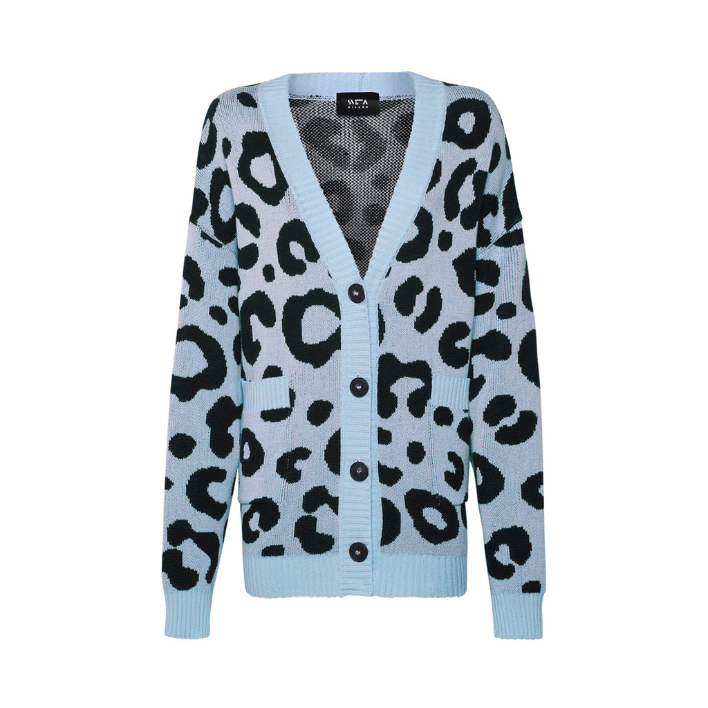 Sveta Milano Cardigan lungo jacquard Georgia in azzurro e nero