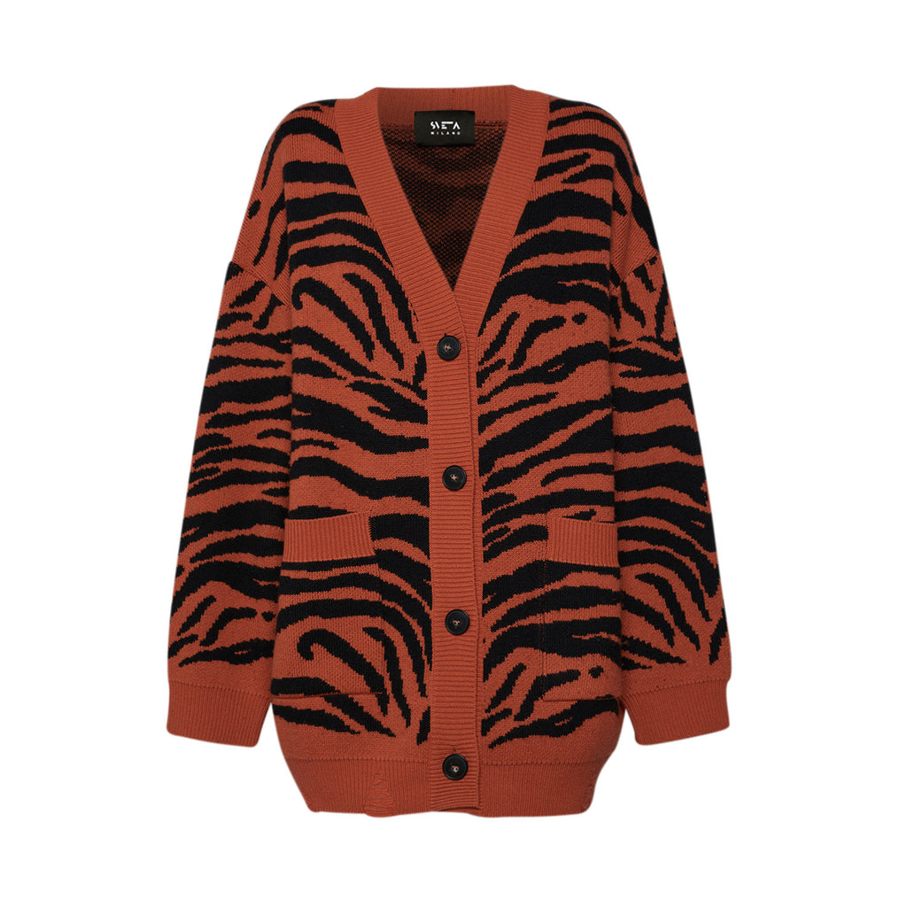 Sveta Milano Cardigan lungo jacquard Eléonore in arancione e nero