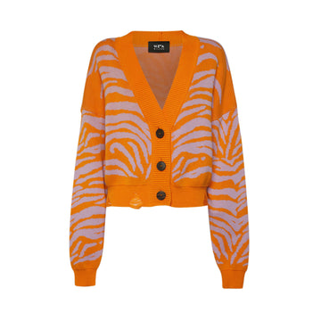 Janis cropped orange and lilac tiger cardigan. Cardigan sweater. Tiger sweater. Chunky sweater. Rocker. Grunge. Luxury fashion. Timeless fashion. Sustainable fashion. Slow fashion. Luxury clothing brands. Cool clothing brands. Strickjacke. Strickwaren. Kurze strickjacke. Pull cardigan. Pull en maille. Pull en maille femme. Pull rock. Pull tigre. Pull rock and roll. Cardigan court femme. 