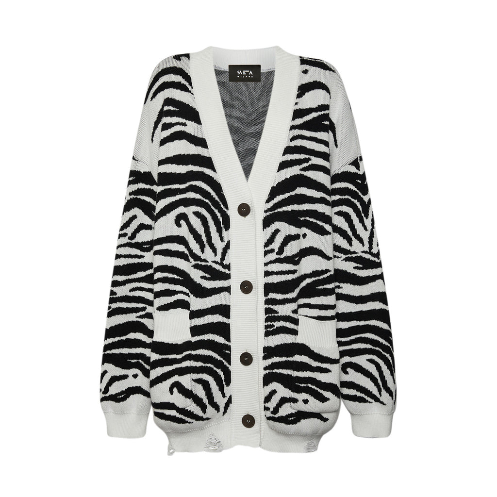 Sveta Milano Cardigan lungo jacquard Patti in bianco e nero