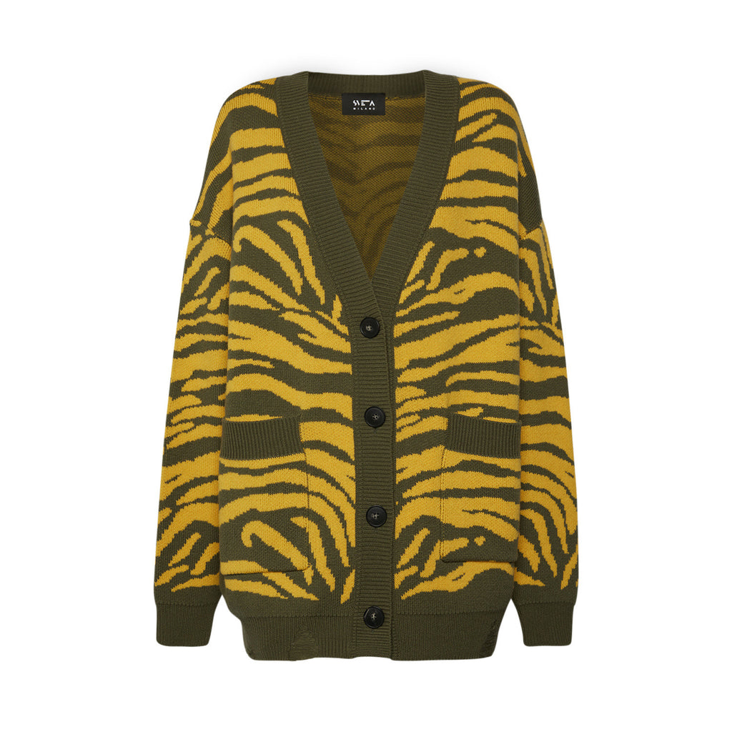 Sveta Milano Cardigan lungo jacquard Georgia in verde e giallo