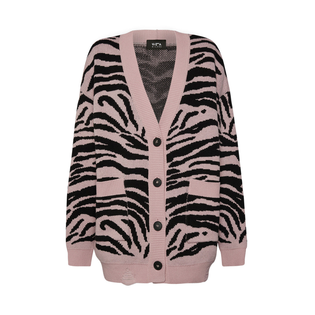 Sveta Milano Cardigan lungo jacquard Georgia in rosa e nero