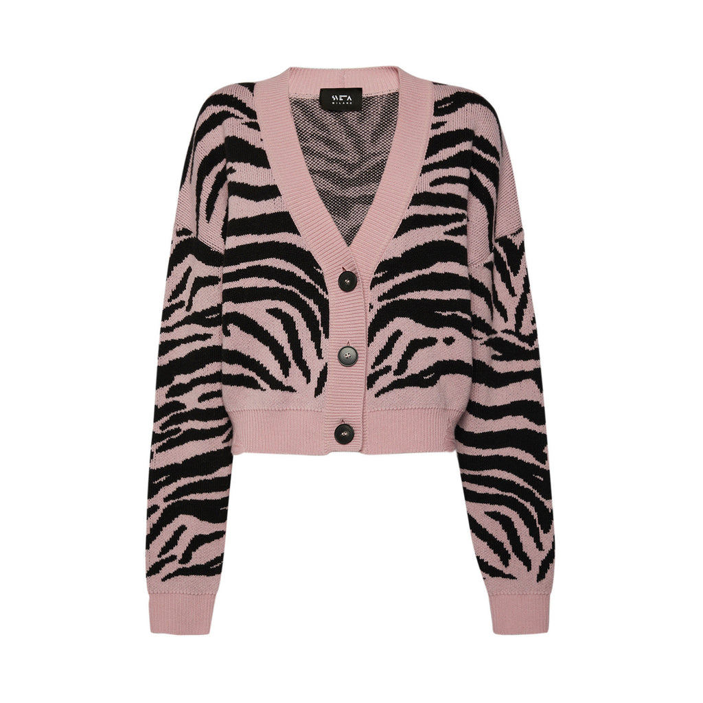 Sveta Milano Cardigan corto jacquard Dakota in rosa e nero
